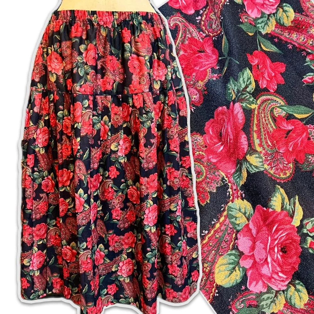 VINTAGE rose garden pleated midi skirt elastic waist Victorian moody floral 80s‎